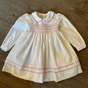 Collection Bebe Girls Winter White Corduroy Dress with Pink Smocking Detail